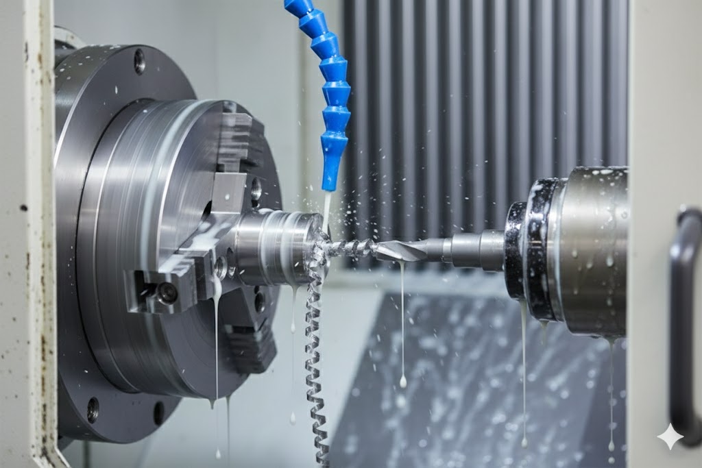 High-Precision CNC Lathe Performing Turning on a Metal Cylinder
